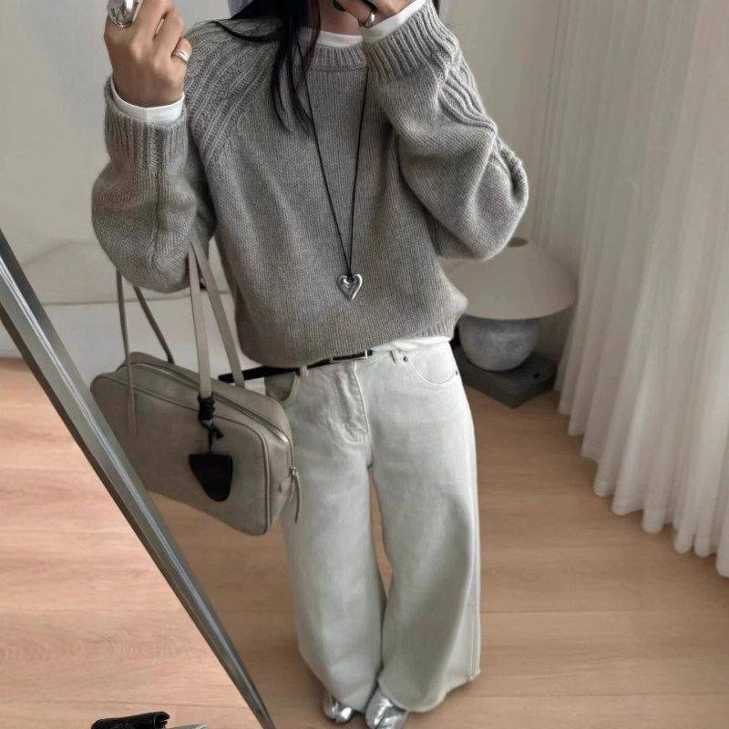 女式圆领短款纯羊毛衫插肩袖套头毛衣秋冬新款撞色设计长袖打底衫