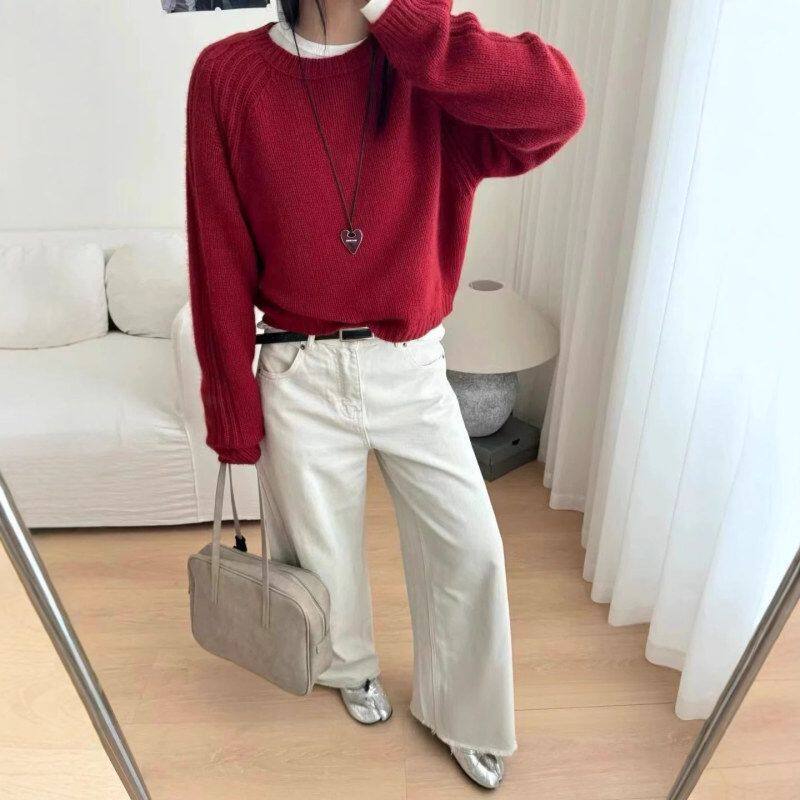 女式圆领短款纯羊毛衫插肩袖套头毛衣秋冬新款撞色设计长袖打底衫