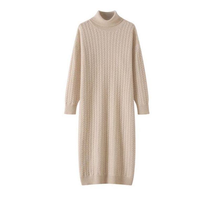 休闲慵懒风高翻领山羊绒裙子女