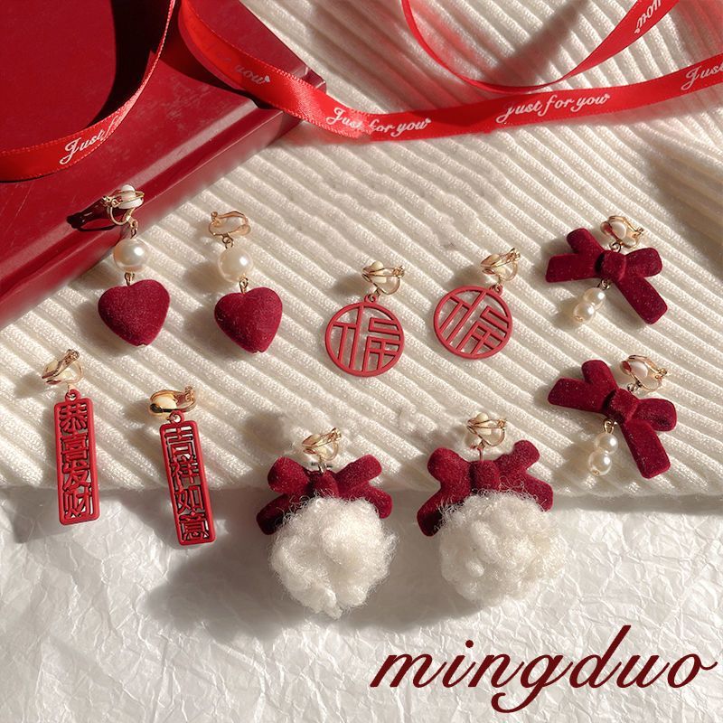 秋冬季毛绒耳夹无耳洞高级感红色