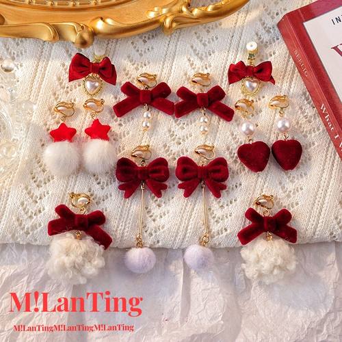 红色蝴蝶结耳夹无耳洞女耳环耳环