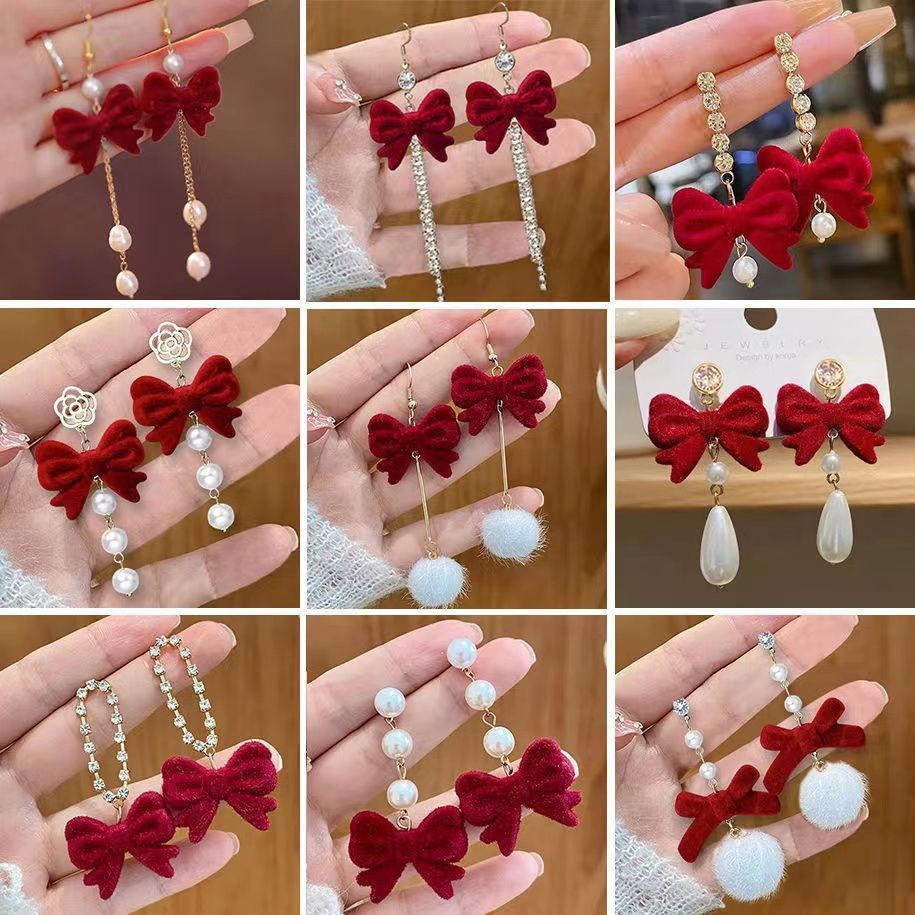长款酒红色蝴蝶结流苏耳环
