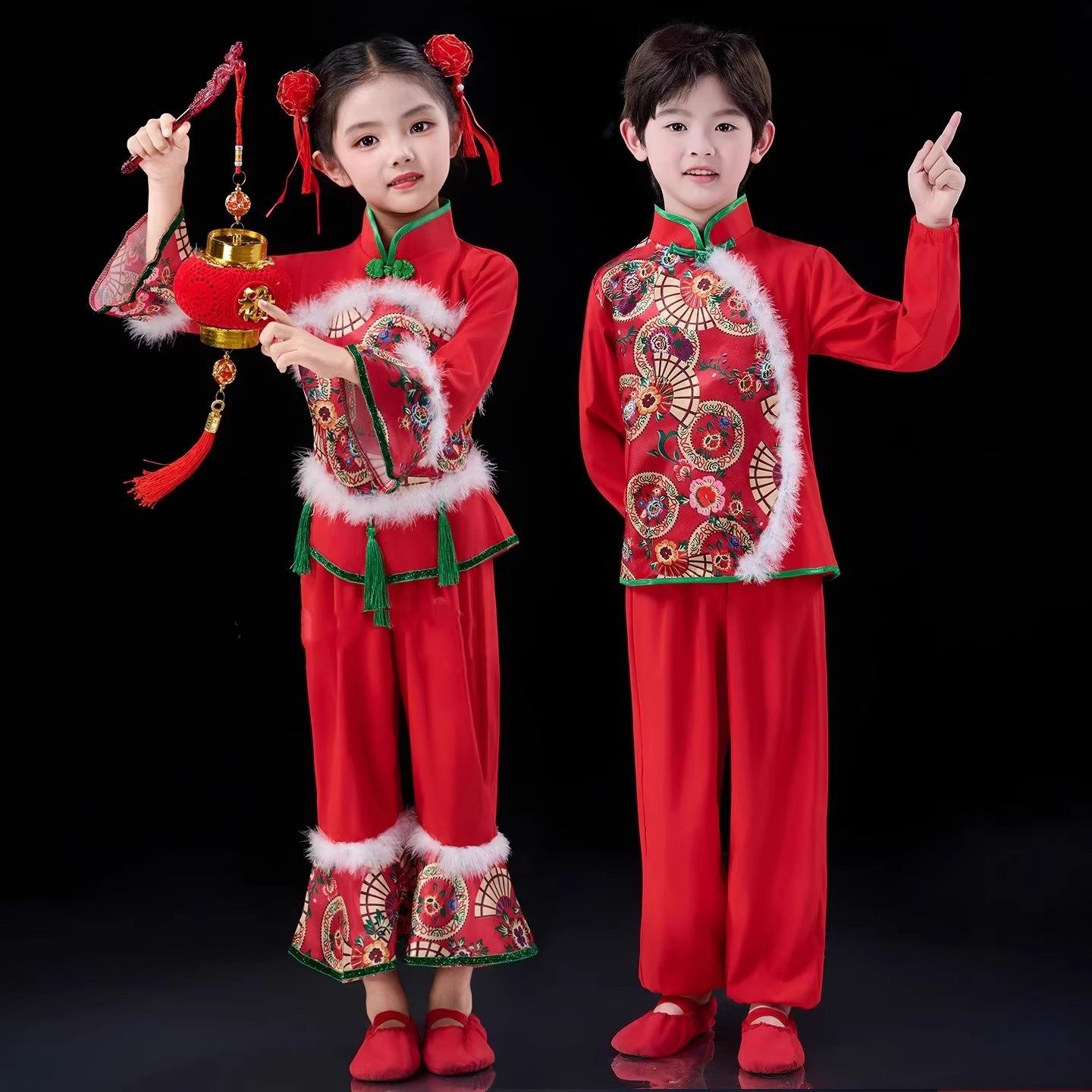 儿童喜庆演出服元旦幼儿开门红男女童秧歌服中国红灯笼舞蹈表演服