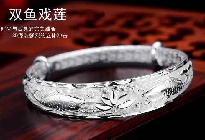 S999纯银手镯子女款开口推拉时尚S925足银手环手链送老人妈妈女友