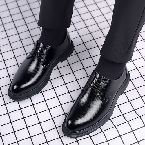 优质牛皮格纹压花潮流青年男皮鞋