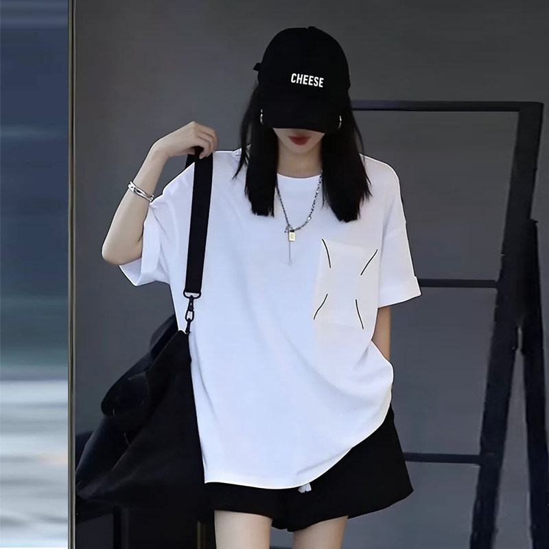白色短袖t恤女2026新款宽松中长款大版纯棉慵懒风设计感小众上衣