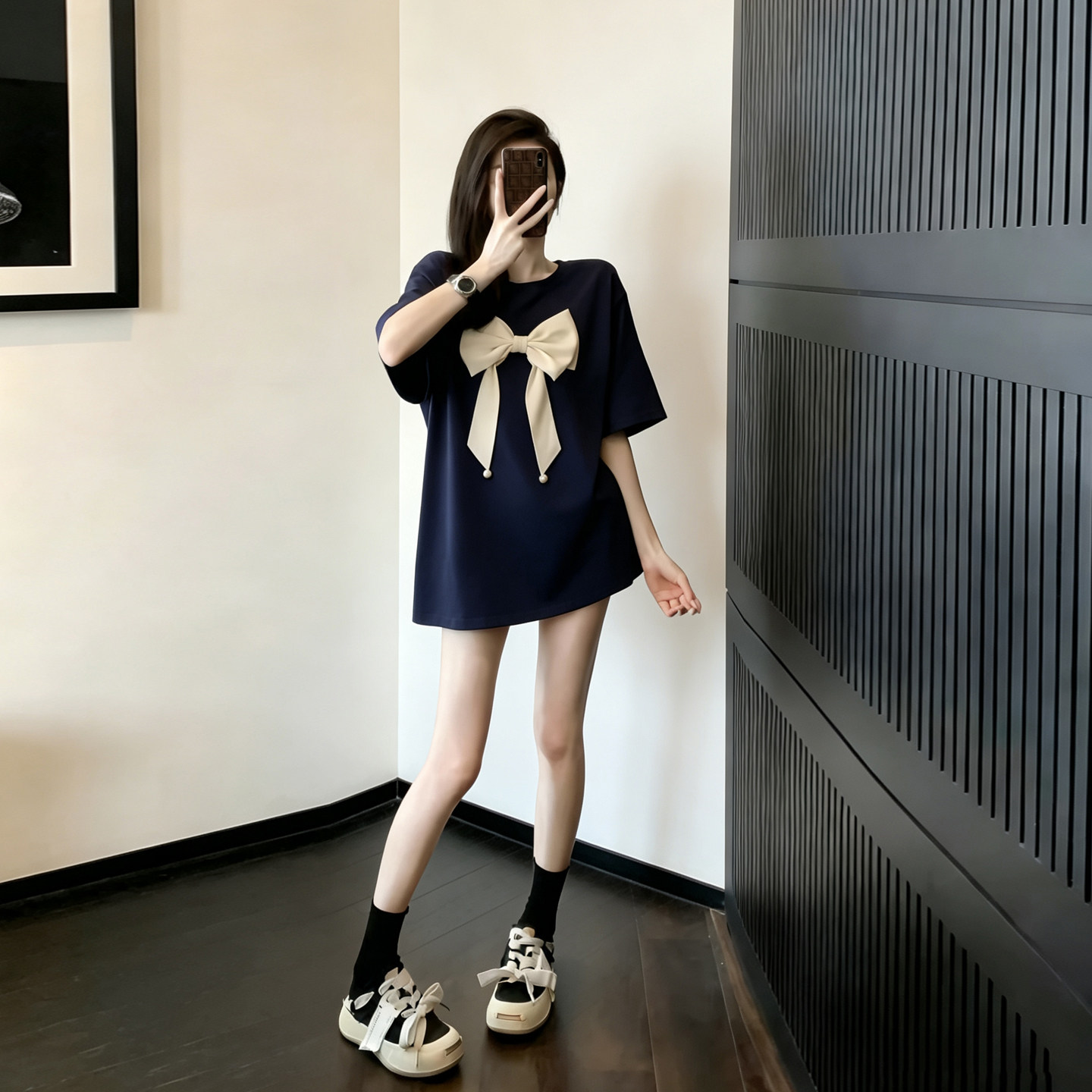 夏季藏蓝色慵懒风蝴蝶结显瘦T恤