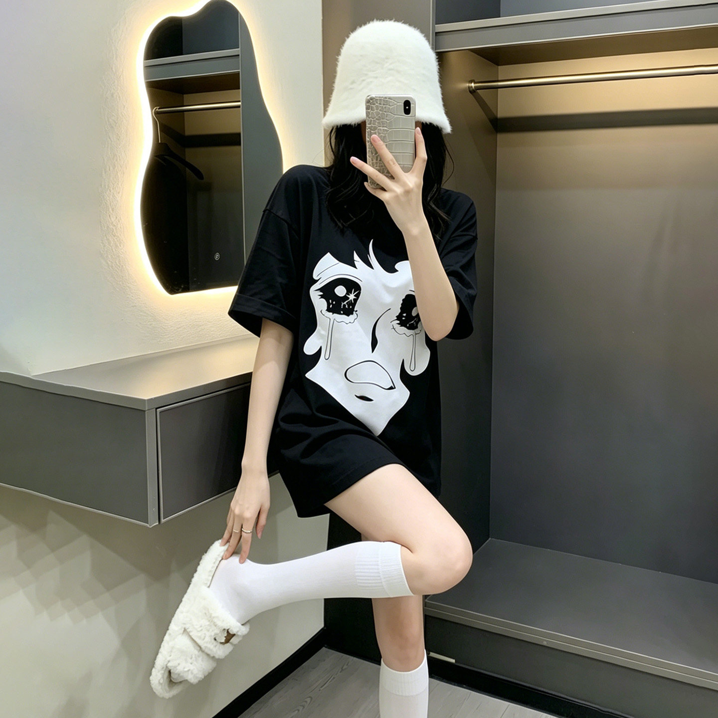 美式复古黑色短袖t恤女中长款遮屁股圆领印花慵懒风宽松落肩上衣