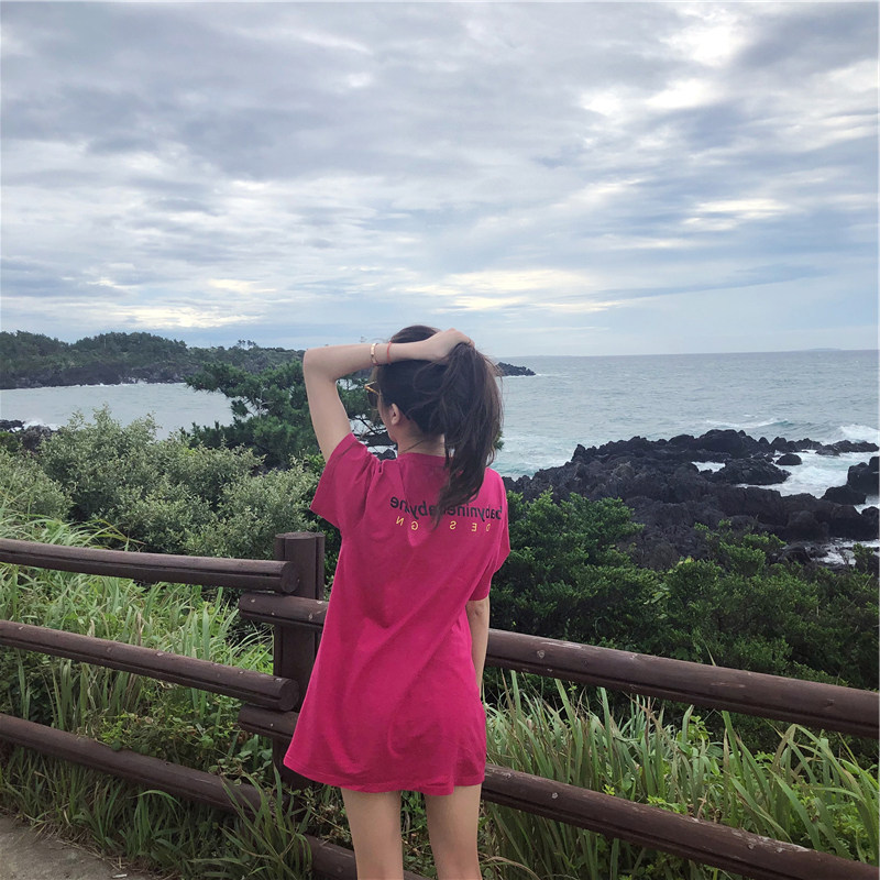玫红色宽松莫代尔短袖t恤女潮牌夏天新款港风遮屁股长款大版体恤