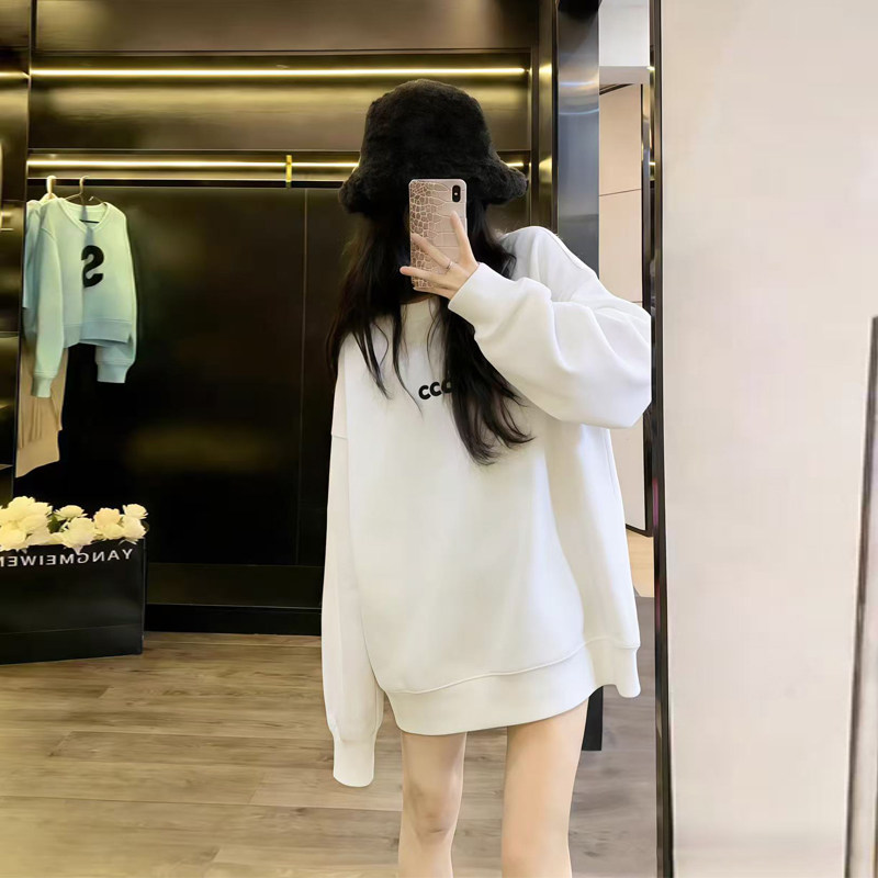 网红白色卫衣女冬季加绒加厚高级感宽松慵懒风设计感小众中长款潮