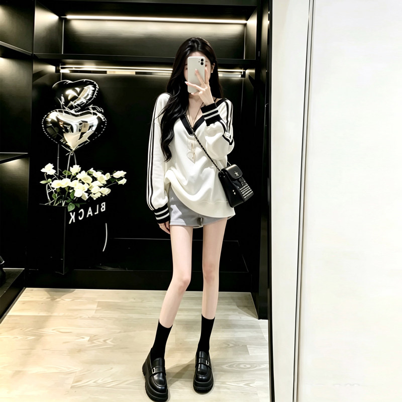 韩版宽松V领撞色条纹卫衣女