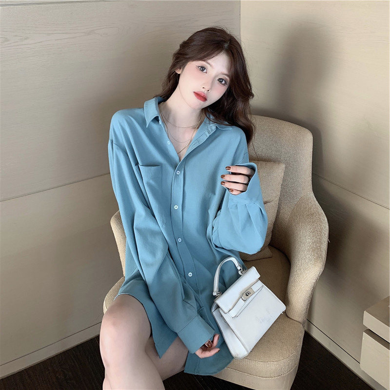 湖蓝色慵懒风薄款雪纺衬衫女2020秋季新款宽松中长款垂感长袖上衣