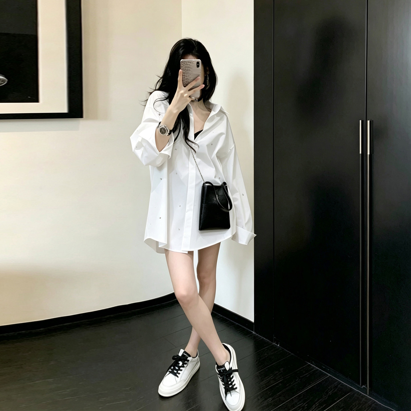 港风休闲白色烫钻衬衫女长袖宽松落肩袖百搭高级感松弛感上衣衬衣