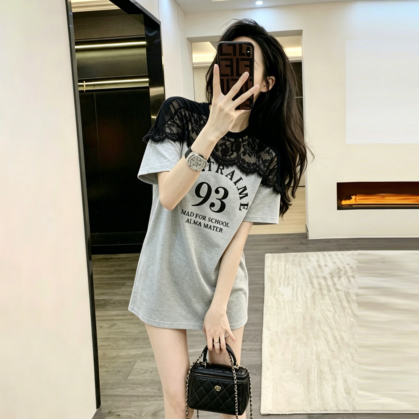 灰色短袖T恤女夏季新款小众设计感蕾丝拼接中长款大版宽松上衣潮