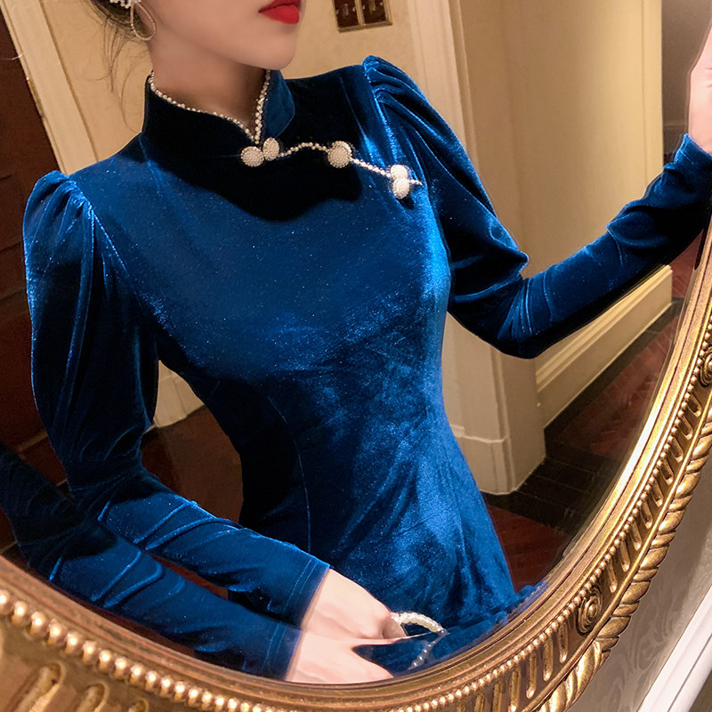 丝绒长袖旗袍改良版连衣裙女2020年新款年轻款收腰显瘦时尚包臀裙