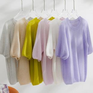 肩部镂空五分袖 25春夏新款 蓬蓬袖 上衣宽松薄款 打底 桑蚕丝羊绒短袖