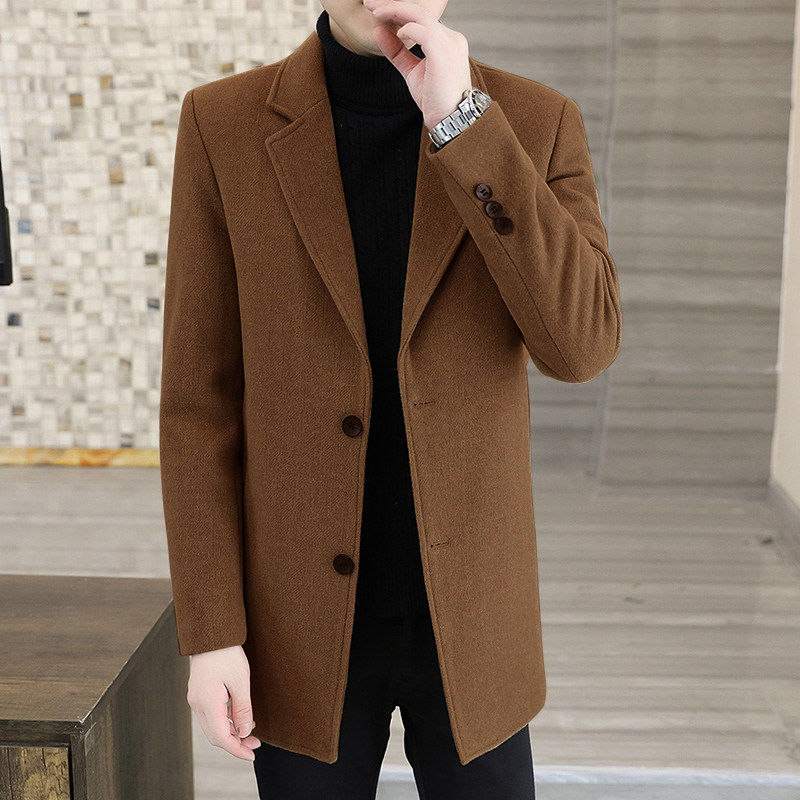 冬季新款青年男士中长款加棉加厚羊毛呢大衣修身韩版呢子风衣外套