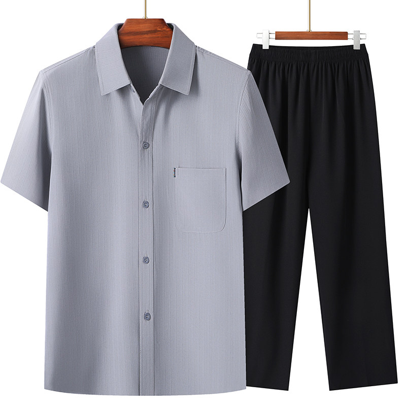 夏季中老年男士套装冰丝短袖衬衫加大码纯色爸爸装薄款翻领两件套,男装,中老年套装,淘宝优惠券,粉丝福利购,淘宝优惠卷