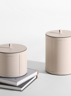 米白色皮革圆形储物盒样板间装饰收纳摆件会所俱乐部壁龛柜子陈设