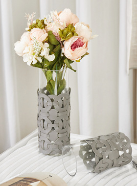 现代镂空皮革花器电视柜样板间软装饰品客厅桌面摆件售楼部花瓶