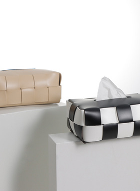 轻奢黑白棋格皮质洗手间纸巾盒摆件家居样板房桌面摆设餐桌抽纸盒