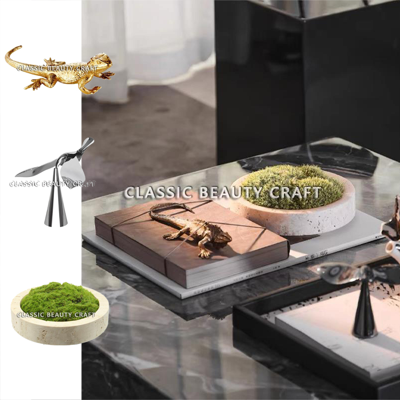 现代极简样板间蜥蜴饰品摆件客厅茶几大理石仿真苔藓盆栽茶室装饰