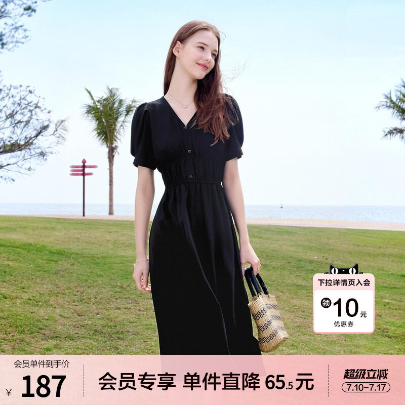betu百图黑色V领泡泡袖连衣裙女2026年夏季新款法式中长小黑裙