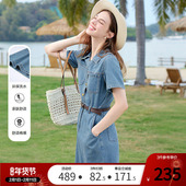 betu百图复古腰带牛仔裙女连衣裙2025年夏季 裙 V领衬衫 新款 短袖