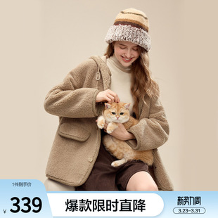 betu百图仿羊羔绒加厚连帽外套女2025年冬季新款拉链抓绒夹克