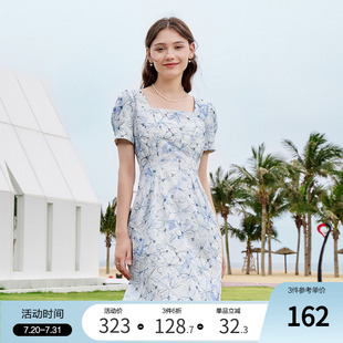 方领短袖 betu百图女装 立体绣花高腰法式 2024年夏季 连衣裙子 新款