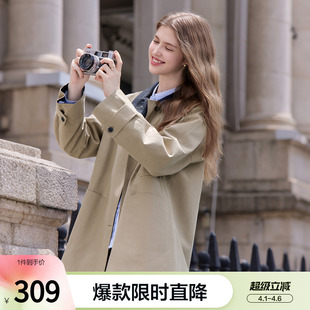 betu百图卡其色单排扣风衣巴恩风外套女2026年春季 小个子大衣 新款