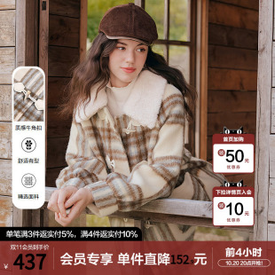 betu百图毛领牛角扣格子毛呢外套女2025年冬季新款加厚呢子大衣