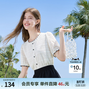 新款 betu百图法式 2025年夏季 女短袖 小香风圆领衬衣 蕾丝花边衬衫