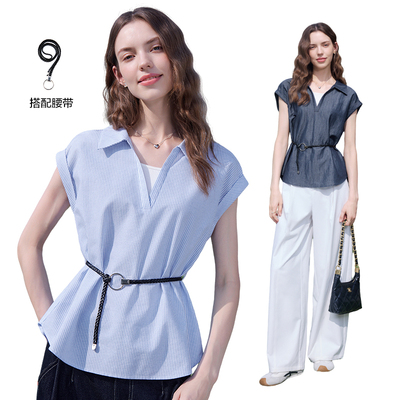 百图V领假两件衬衫女2026年夏季新款显瘦衬衣