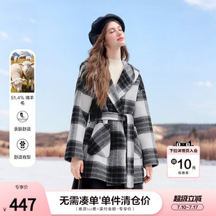 betu百图黑白格羊毛双面呢外套女2025年冬季新款中长款呢子大衣