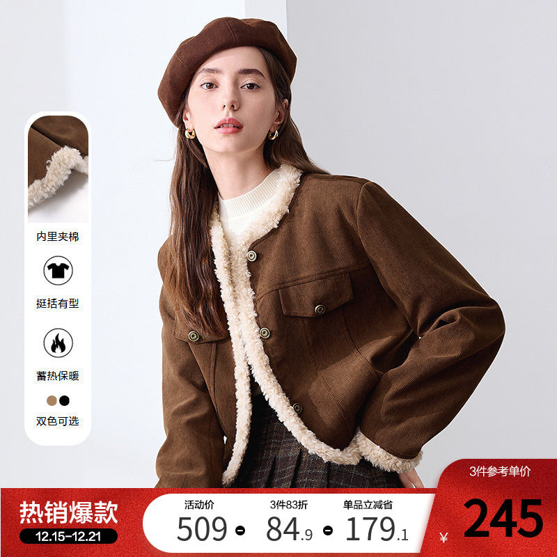 betu百图美拉德灯芯绒短外套女2025年冬季新款加厚夹棉棉服