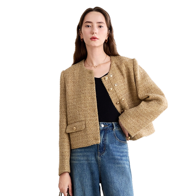 betu百图小香风毛呢外套女短款2026年春季新款姜黄色西装小个子