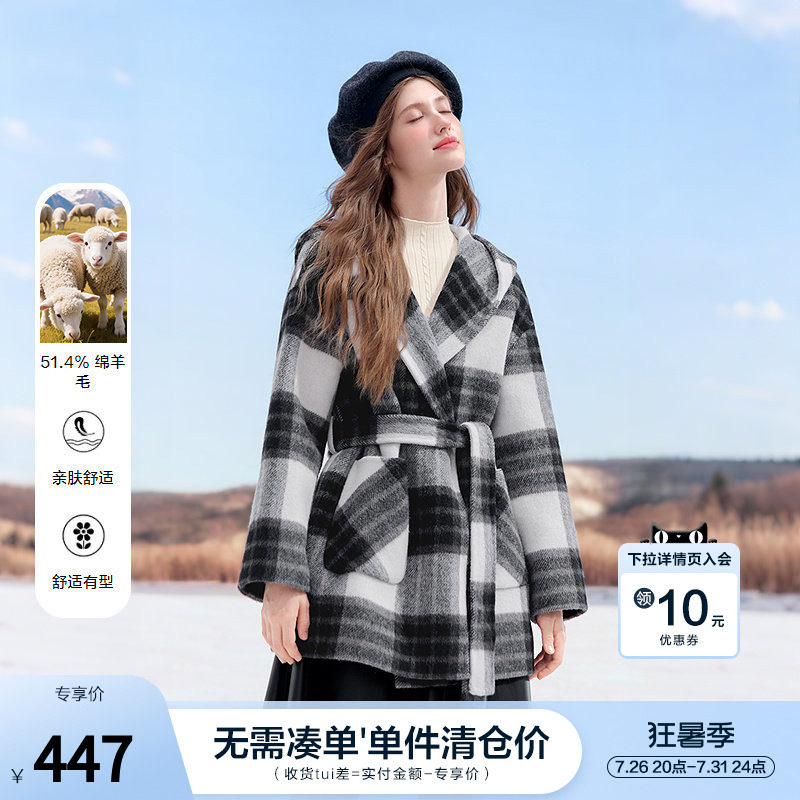 betu百图黑白格羊毛双面呢外套女2025年冬季新款中长款呢子大衣