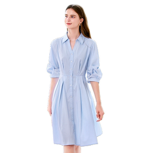 betu百图设计感七分袖衬衫裙女条纹连衣裙2025年夏季新款高腰裙