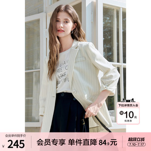 betu百图七分袖白色条纹小西装女2026年夏季新款一粒扣西服外套
