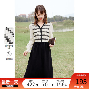 假两件V领法式 新款 条纹拼接黑色连衣裙 2024年秋装 betu百图女装