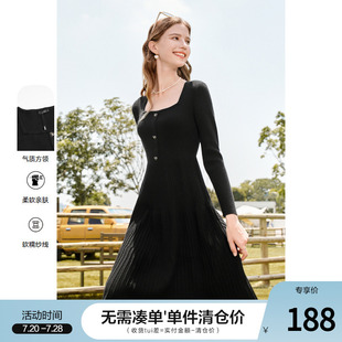 针织连衣裙 betu百图女装 2024年秋装 新款 高腰显瘦减龄方领中长款