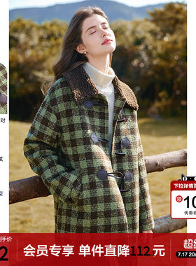 betu百图复古绿色牛角扣格子棉服女2025年冬季新款加厚保暖棉衣