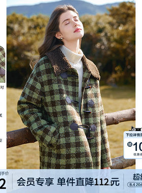 betu百图复古绿色牛角扣格子棉服女2025年冬季新款加厚保暖棉衣