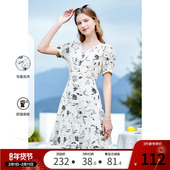 betu百图女装 连衣裙子 复古水墨印花V领气质短袖 2024年夏季 新款