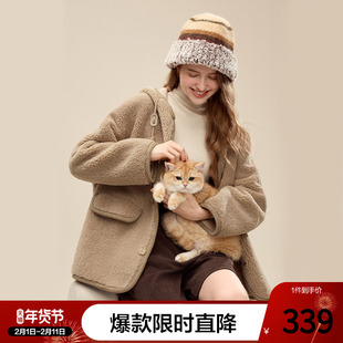 betu百图仿羊羔绒加厚连帽外套女2025年冬季新款拉链抓绒夹克