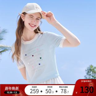 薄款 betu百图浅蓝色字母针织衫 新款 2025年夏季 圆领毛线衣 女短袖