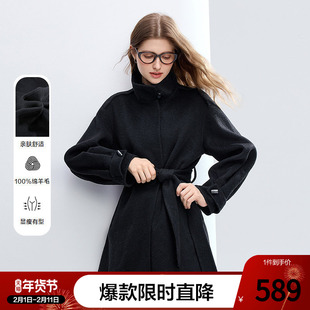 betu百图黑色立领纯羊毛呢子大衣女2025年冬季新款双面呢外套