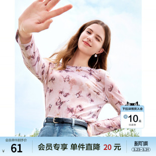 打底衫 百搭长袖 上衣 新款 betu百图复古蝴蝶印花T恤女2026年春季