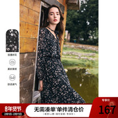 betu百图黑色碎花连衣裙女2026年春季 新款 V领印花雪纺裙中长裙